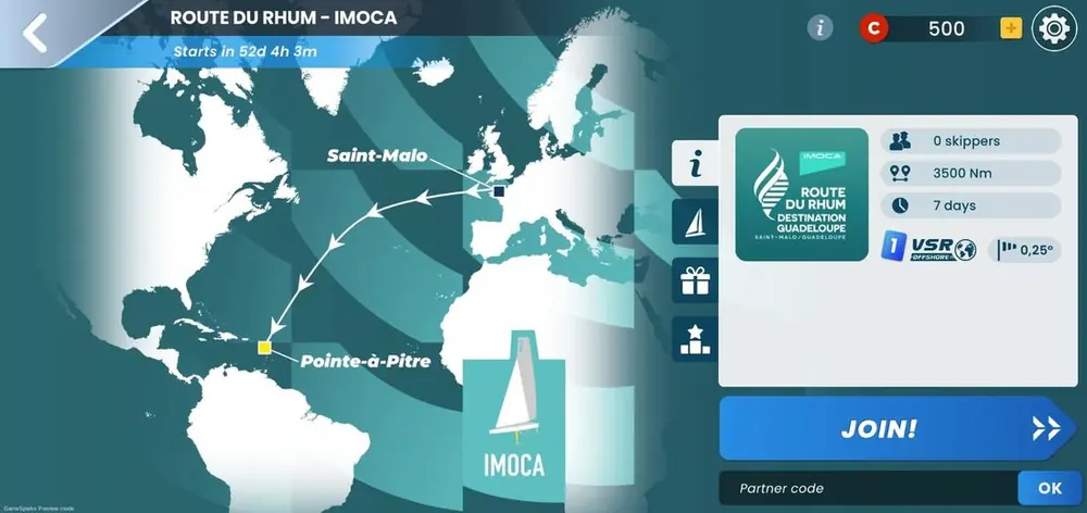 Écran de la course Route du Rhum IMOCA, avec le champ de code en bas à droite